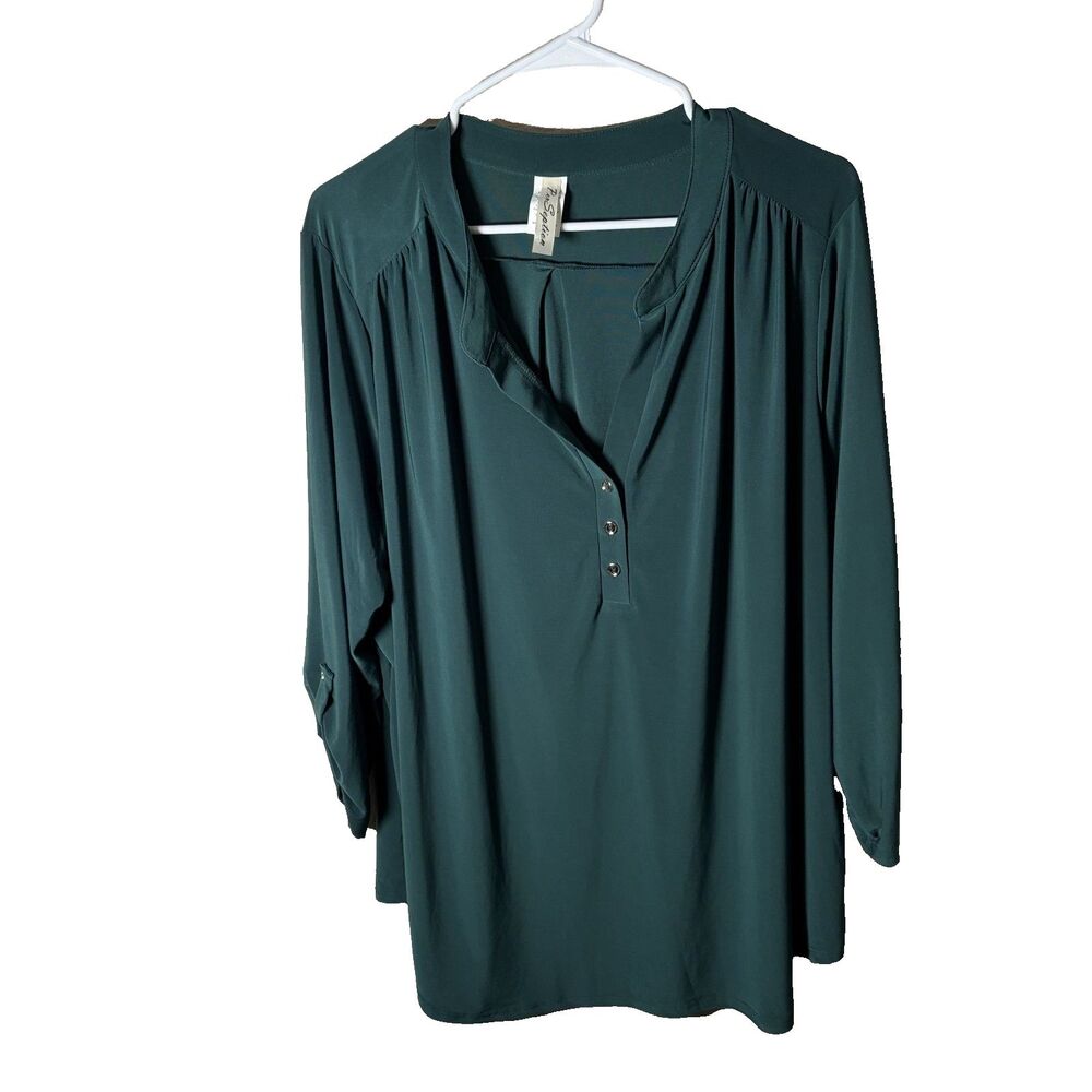 Perseption Blouse Women's 3X Green Popover 3/4 Sleeve Career Solid Shirt